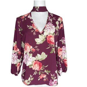 Timing Women's Floral Choker V-Neck Lantern Sleeves Back Button XL Retro
